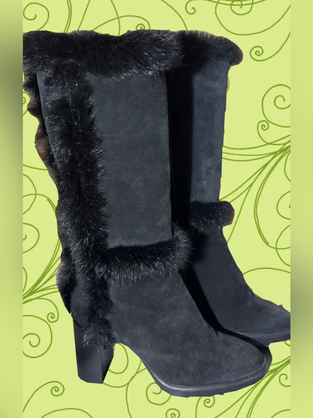 Aquatalia Black Faux Fur Trim Suede Heeled Mid-Calf Boots